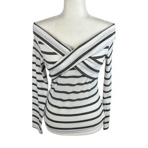 SHEIN White & Blue Off The Shoulder Top Size Medium